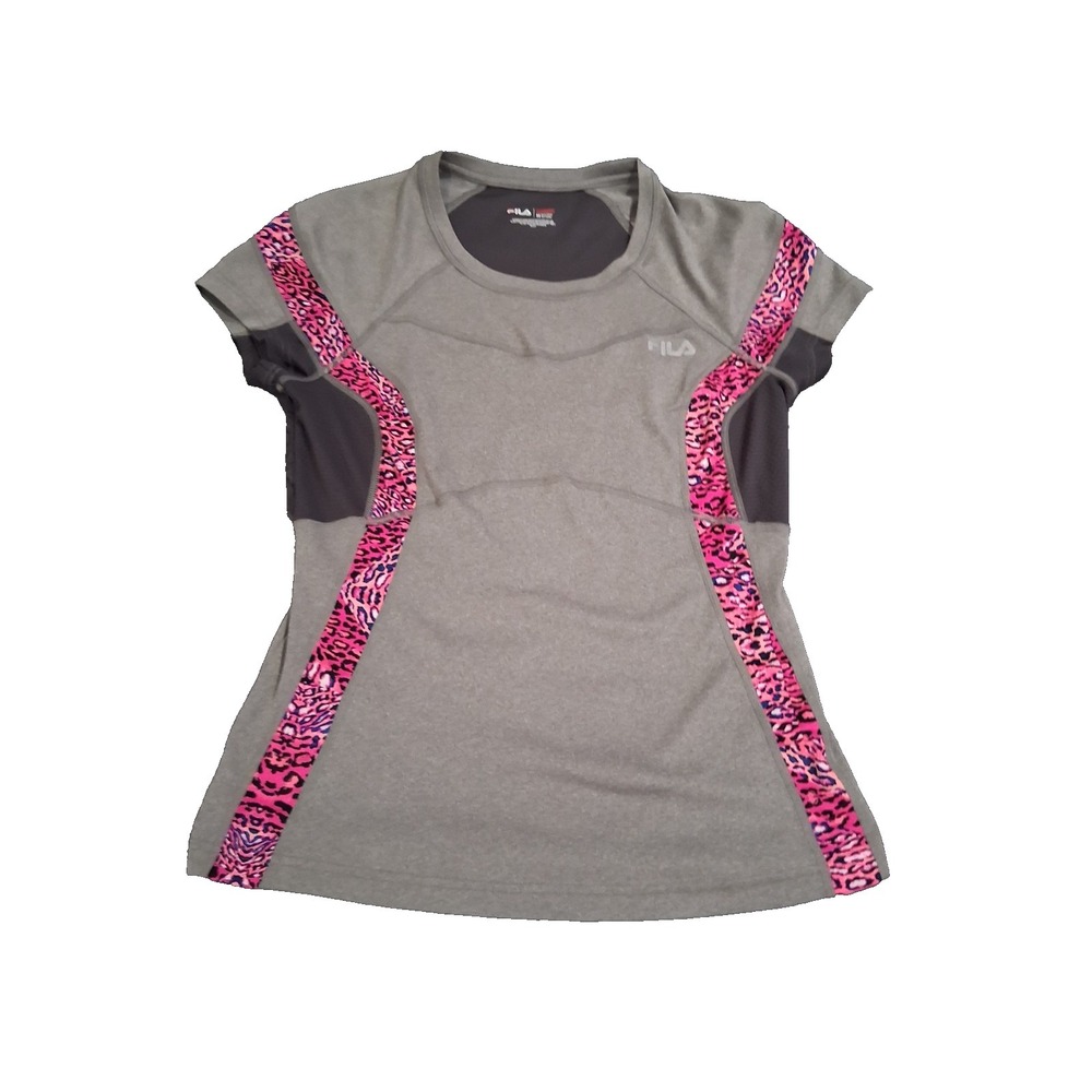 L@@K! FILA SPORT RUNNING S/S Top Gray Pink Leopard Trim Womens‎ Medium